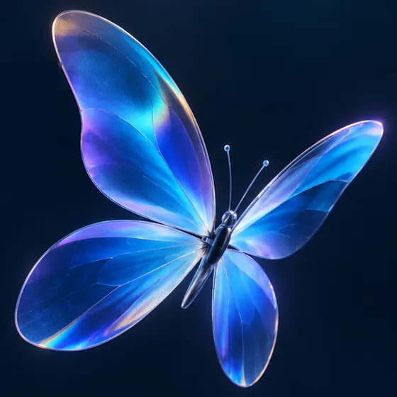 Translucent blue morpho butterfly with iridescent wings